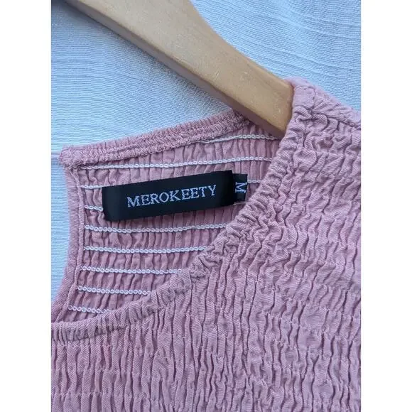 Merokeety Women's‎ Pink Smocked Dress Sz M Balloon Sleeve Tiered Pink feminine - Picture 4 of 5
